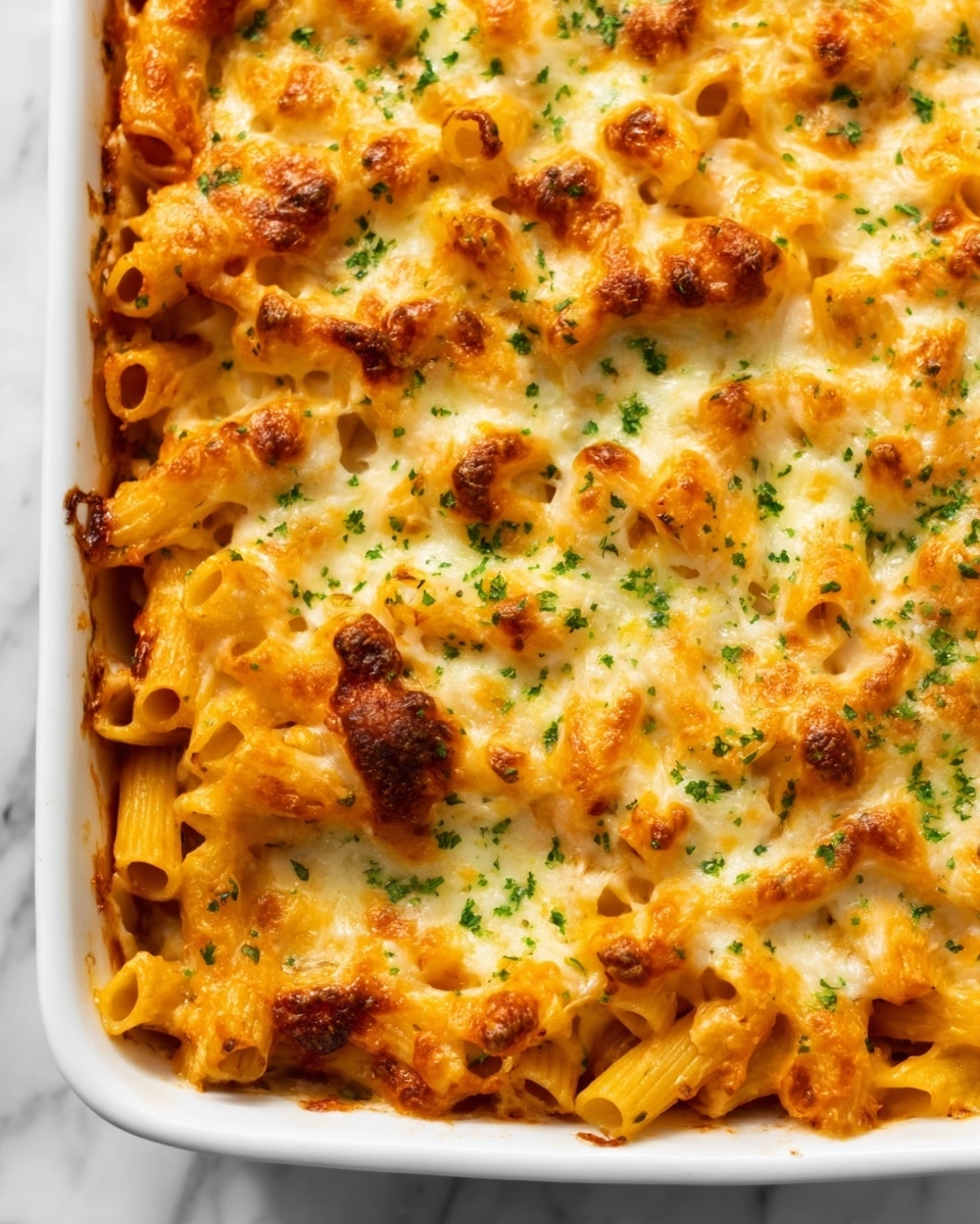 The image shows a white rectangular baking dish filled with baked penne pasta covered in melted golden-brown cheese. The pasta is arranged in layers, with the top layer fully coated in bubbly cheese that has slightly browned in spots, adding texture. Small green herb bits are sprinkled evenly across the cheese surface, adding a fresh touch. The dish is placed on a white marbled surface. Photo taken with an iphone --ar 4:5 --v 7