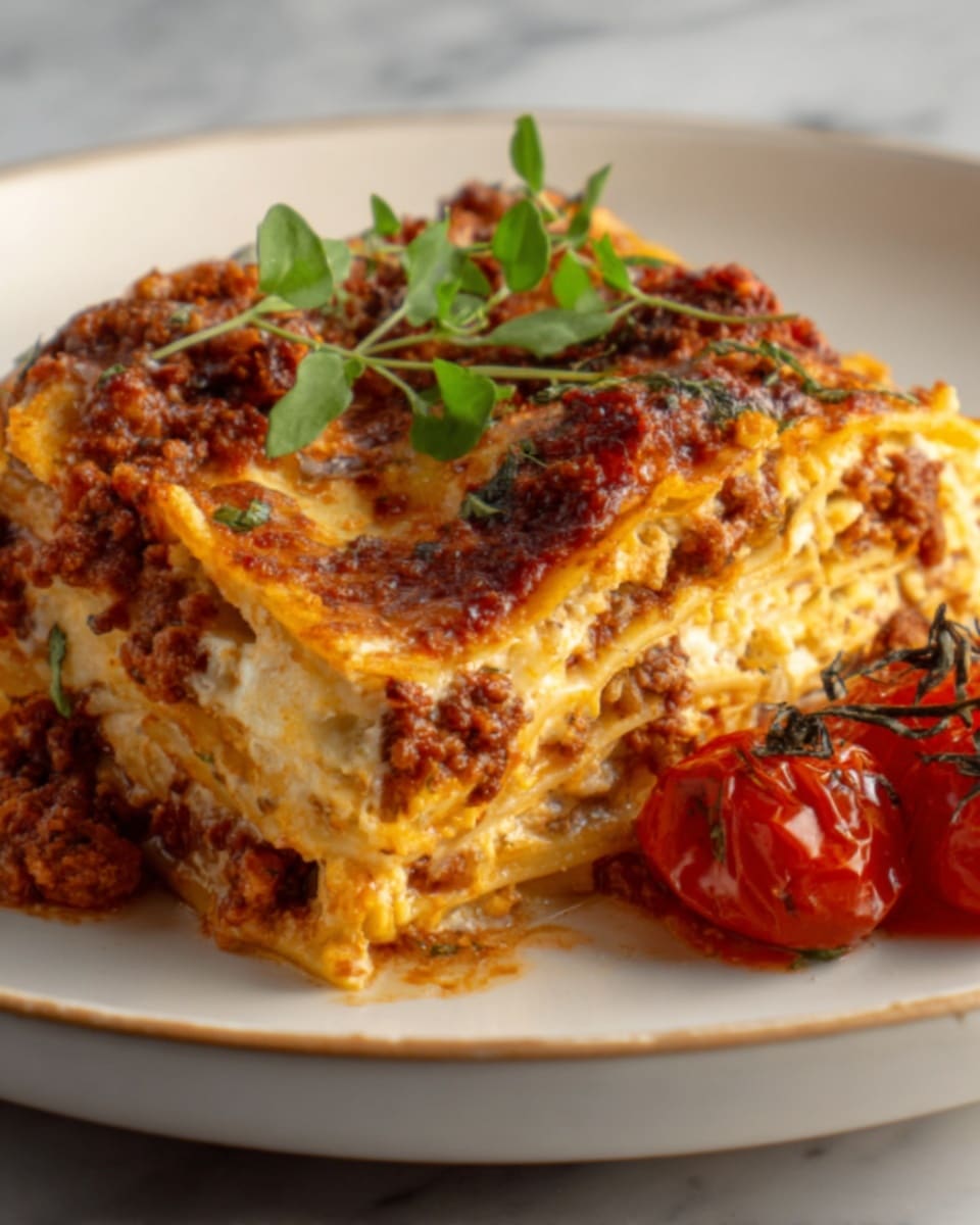 A close-up image of a slice of lasagna featuring multiple layers with rich colors and textures. The bottom layer is a slightly crispy, golden pasta base, topped with a thick layer of creamy white cheese sauce. Above that is a rich, chunky meat sauce with a deep red color mixed with tomato pieces and herbs, followed by another layer of pasta. The top layer is browned melted cheese, golden brown with herbs scattered across the surface, and a few browned bits giving a baked look. On the side of the white plate are two roasted cherry tomatoes with a shiny, slightly wrinkled skin, and a small sprig of fresh green herbs rests on top of the lasagna. The dish is placed on a white marbled surface. Photo taken with an iphone --ar 4:5 --v 7