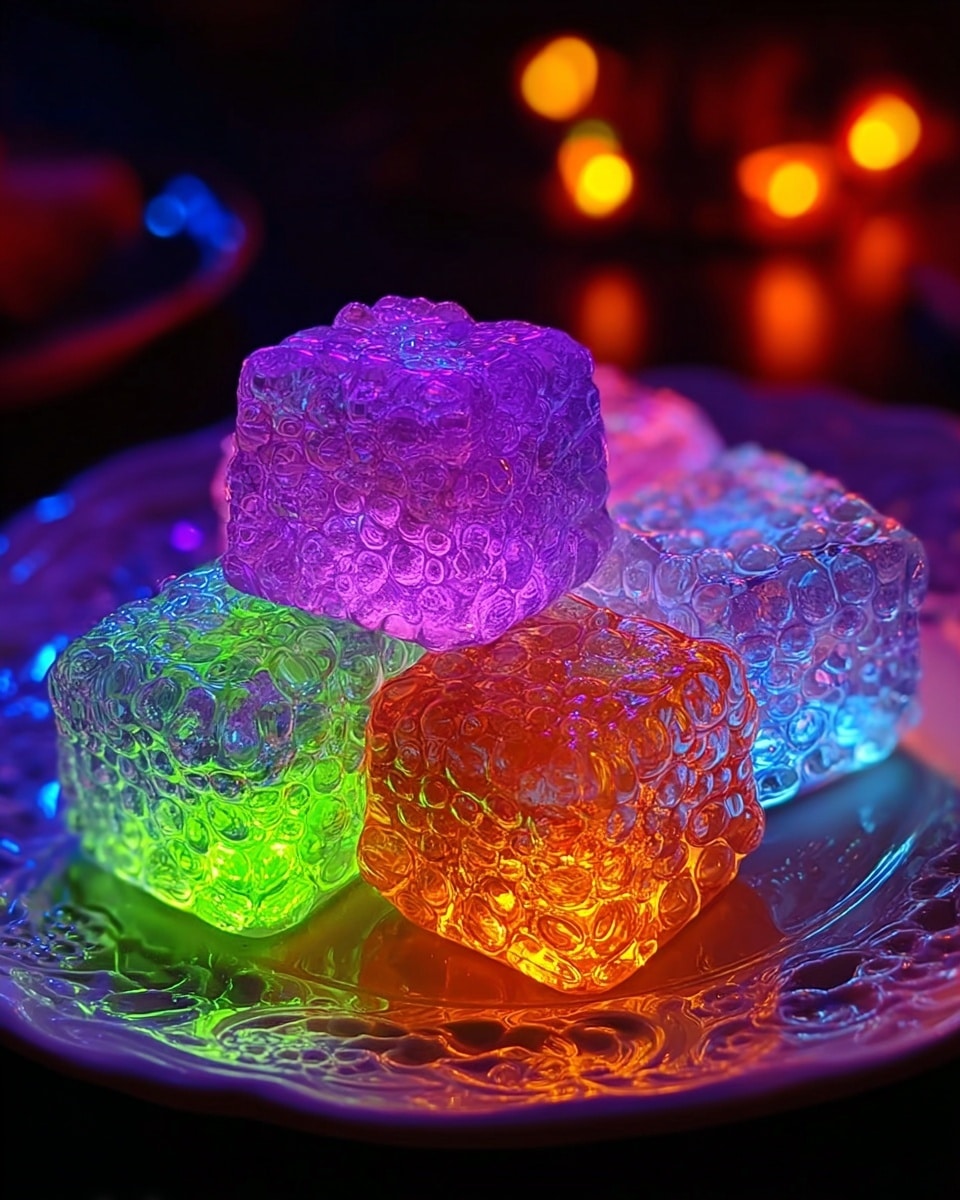 The image shows five small, textured cubes that look like they are made of shiny, bubbly material, placed closely together on a white ornate plate. Each cube has a glowing, translucent surface with colors blending from blue and green on the top to pink, purple, and orange tones toward the bottom, creating a beautiful gradient effect across the shapes. The plate sits on a white marbled surface, and the background is dark with soft, warm glowing lights that add to the glowing effect on the cubes. photo taken with an iphone --ar 4:5 --v 7