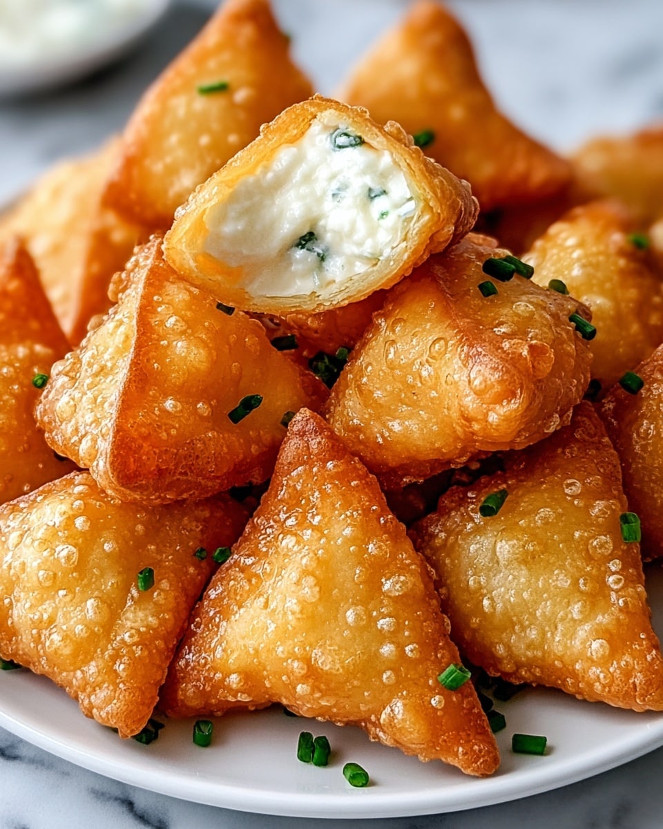 A white plate is filled with many small, golden brown triangular fried snacks that have a bubbly, crispy texture on their surface. One piece is broken open on top, showing a creamy white filling inside, garnished with small chopped green onions scattered over and around the snacks. The background is a white marbled texture, creating a clean and bright setting for the food. photo taken with an iphone --ar 4:5 --v 7
