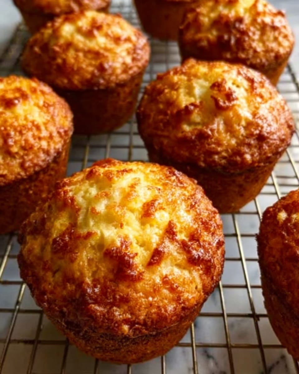 The image shows several golden-brown muffins with a slightly crispy top, each muffin having a rough texture and small cracks revealing a moist inside. They sit close together on a black metal cooling rack, contrasting with the white marbled surface below. The muffins have a dome shape with a shiny, slightly crunchy top layer, and the sides are smooth with a firm texture, showing a perfect bake. The lighting highlights the warm, inviting color and the textured crust of each muffin. Photo taken with an iphone --ar 4:5 --v 7