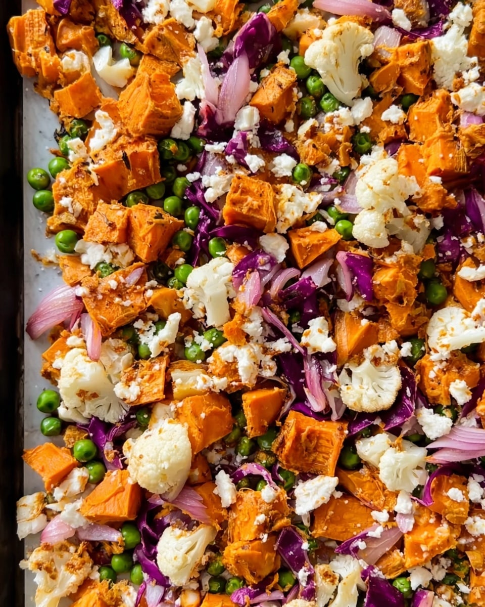 The image shows a close-up of a roasted dish spread on a black baking tray. The dish has three main layers: the first layer is made of orange roasted sweet potato cubes, the second layer consists of roasted cauliflower florets with some orange seasoning, and the third layer includes small green peas and thin strips of purple cabbage scattered on top. There are small bits of white cheese sprinkled unevenly over the dish. The textures vary from soft roasted vegetables to crumbly cheese pieces. The baking tray is placed on a white marbled surface. photo taken with an iphone --ar 4:5 --v 7