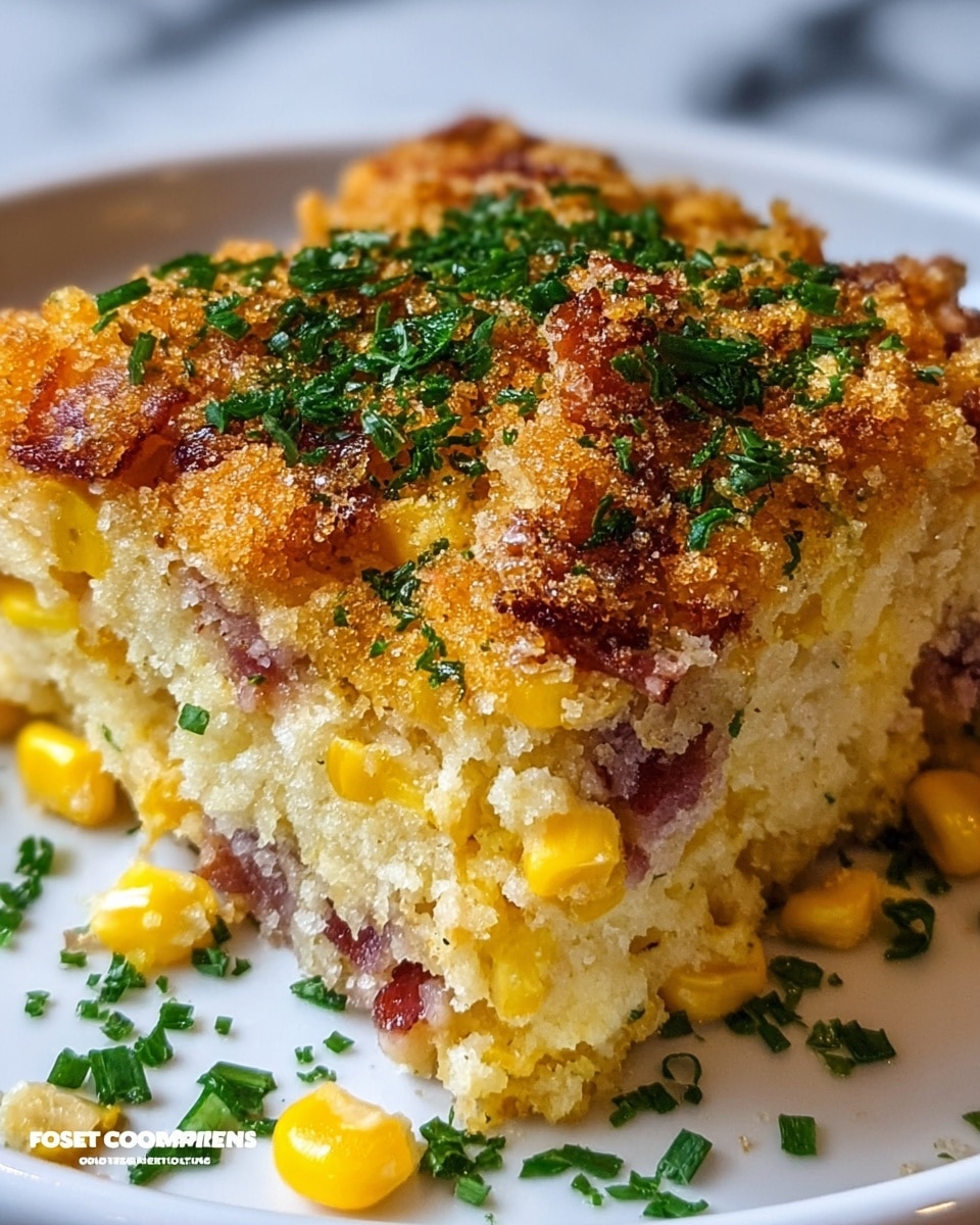 A close-up of a thick square slice of corn casserole showing three layers: the bottom layer is a soft yellow and creamy corn mixture with visible corn kernels and bits of browned bacon, the middle layer is a dense but moist corn batter mixed with cheese, and the top layer is a golden-brown crispy crust sprinkled with finely chopped green parsley. The casserole piece sits on a white plate, with some parsley flakes scattered around it on a white marbled surface. Photo taken with an iphone --ar 4:5 --v 7