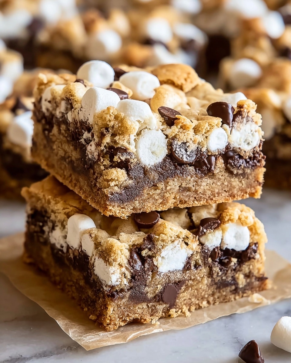 Two square bars stacked on a white marbled surface, each bar having three visible layers. The bottom layer is a golden-brown cookie base with a slightly crumbly texture. The middle layer shows melted dark brown chocolate mixed with soft white marshmallow goo. The top layer is a light brown cookie crust topped with large, puffy white marshmallows and dark chocolate chips spread evenly. The edges of the bars are slightly rough with crumb bits around them. Photo taken with an iphone --ar 4:5 --v 7
