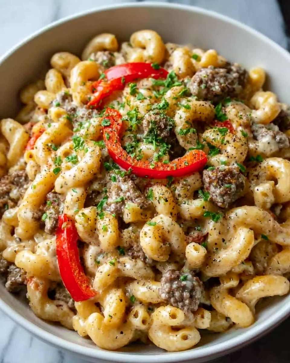 A white bowl filled with three layers of food, showing a top layer of melted cheese mixed with small green herbs scattered over a creamy, light-yellow pasta with a spiral shape. On the pasta, pieces of tender brown ground meat and thin slices of bright red bell pepper are spread, creating contrast with the pale cheese and pasta. The bowl rests on a surface of white marbled texture, adding a clean and fresh look to the dish. photo taken with an iphone --ar 4:5 --v 7