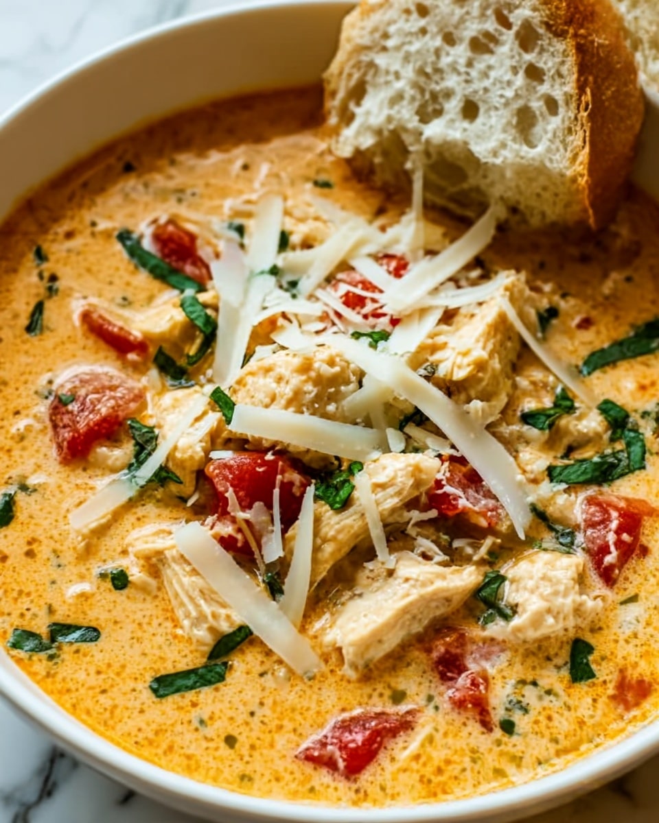 The image shows a close-up of a creamy soup in a white bowl with chunks of chicken, diced red tomatoes, and green herbs mixed in. On top, there is a sprinkle of shredded cheese and small pieces of green garnish. The soup looks thick and rich with a smooth texture, with the chicken pieces sitting in the middle layer surrounded by the creamy broth. There is a piece of bread placed to the side of the bowl. The background is a white marbled surface. Photo taken with an iphone --ar 4:5 --v 7