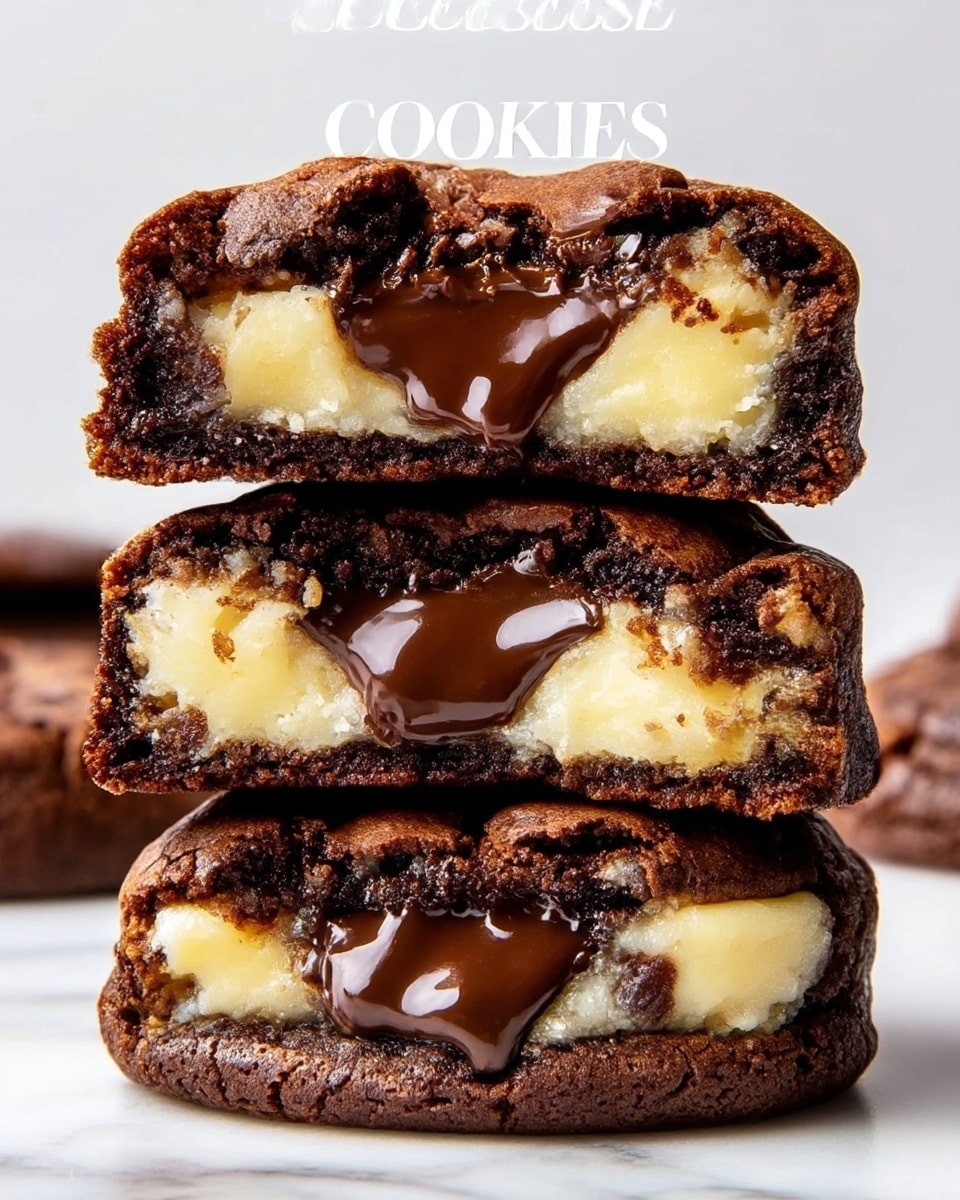 The image shows three stacked cheesecake cookies. Each cookie has a dark brown, slightly crumbly outer layer that looks like soft chocolate cookie dough. Inside each cookie is a creamy pale yellow cheesecake layer that fills the middle. On top of the cheesecake layer in each cookie, there is a thick, melted dark chocolate section with a shiny, smooth texture. The cookies are stacked on a white marbled texture background. photo taken with an iphone --ar 4:5 --v 7