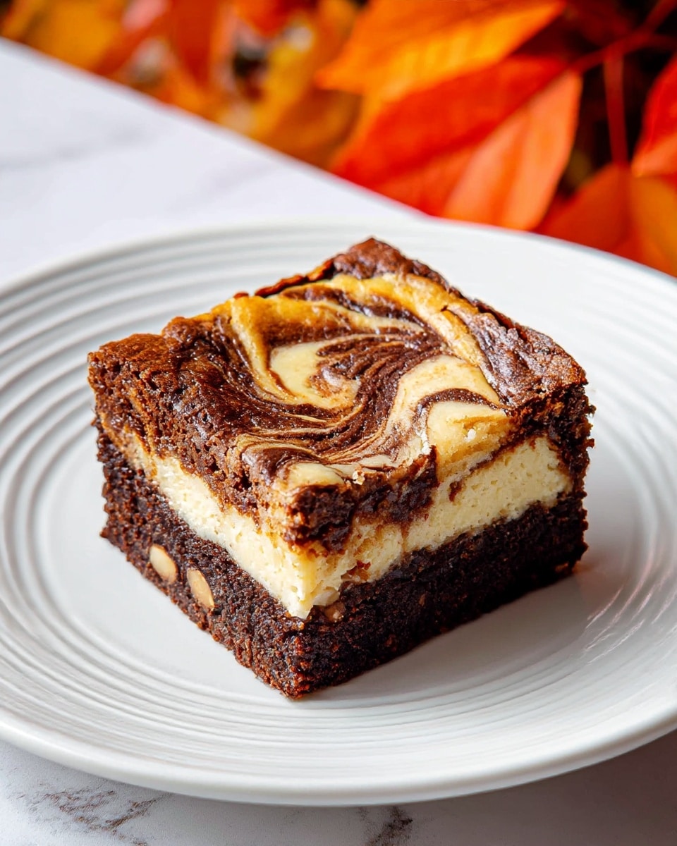 A square brownie sits centered on a white plate with subtle circular ridges. The brownie has two distinct layers: a thick dark brown, fudgy base speckled with bits of nuts, and a top layer of creamy, light tan cheesecake mixed with swirls of rich dark chocolate, creating a marbled pattern. The cheesecake layer has a smooth, slightly glossy texture, and the chocolate swirls twist naturally across the surface. The plate is set on a white marbled textured surface with a blurred orange and red foliage in the background. Photo taken with an iphone --ar 4:5 --v 7