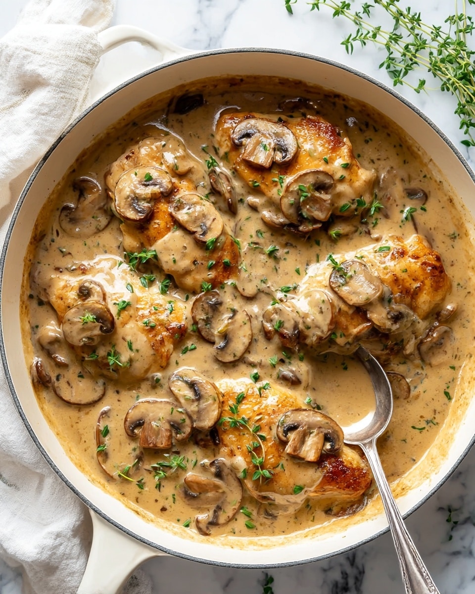 A round white pot filled with five golden brown cooked chicken pieces covered in a creamy light brown sauce with visible slices of cooked mushrooms on top and throughout the sauce. Small green herb leaves are sprinkled over the dish, adding contrast to the creamy sauce. A silver spoon rests on the right side of the pot, partially submerged in the sauce. The pot is placed on a white marbled surface with a light cream cloth draped around its handles and some fresh green herbs scattered nearby. photo taken with an iphone --ar 4:5 --v 7