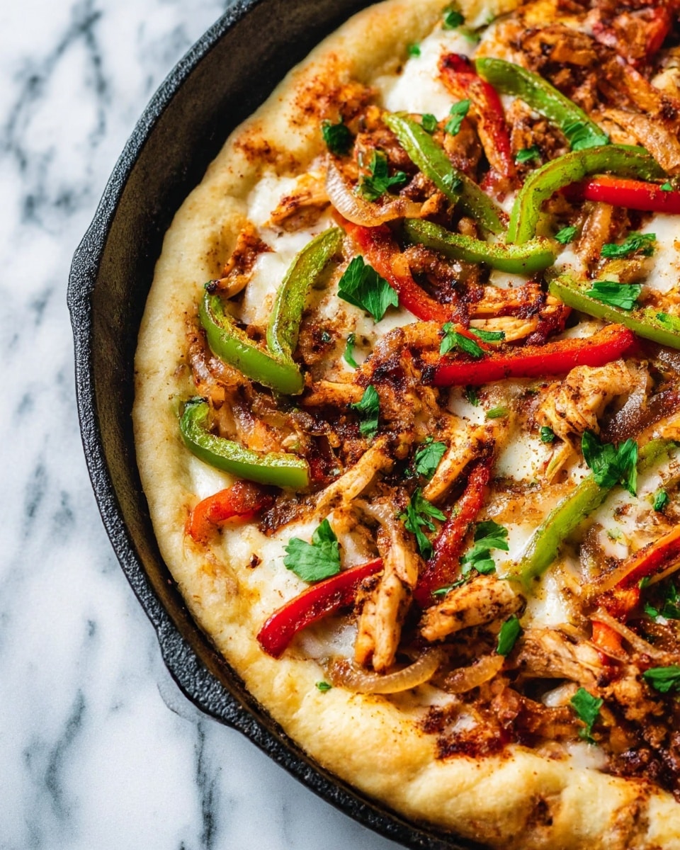 This image shows a close-up of a skillet pizza with three main layers. The bottom layer is a golden-brown, thick and fluffy dough crust around the edge. The middle layer is melted white cheese, peeking through the toppings in places. The top layer has cooked chicken pieces that are golden brown, red and green bell pepper strips, and thin, crispy-looking brown onion slices scattered all over. Small fresh green parsley leaves are sprinkled on top for color. The skillet is black cast iron, sitting on a white marbled surface. Photo taken with an iphone --ar 4:5 --v 7