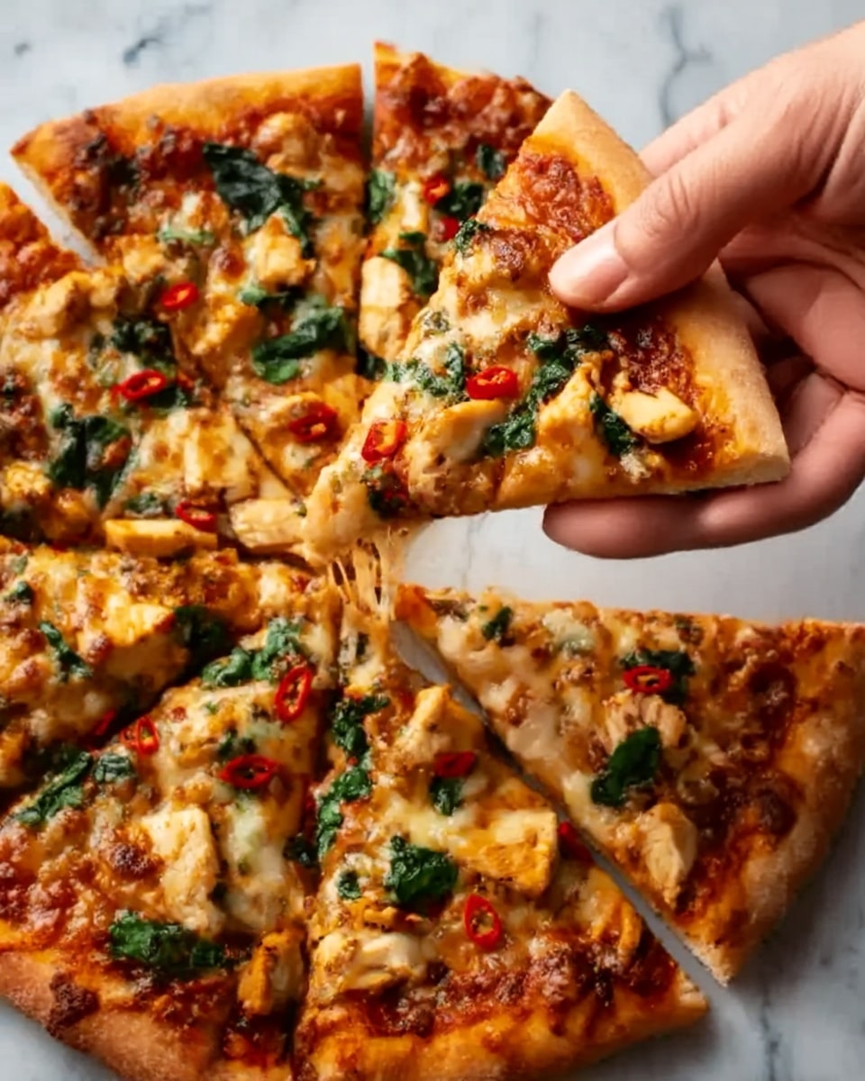 A pizza with a golden brown crust is cut into eight slices. The first layer is a reddish tomato sauce spread evenly on the crust, topped with melted, slightly browned cheese that covers the entire pizza. Scattered on top are small pieces of cooked chicken, dark green spinach leaves, and tiny red chili slices adding color contrast. A woman's hand is lifting one of the slices, showing the stretchy cheese. The pizza rests on a white marbled surface. photo taken with an iphone --ar 4:5 --v 7
