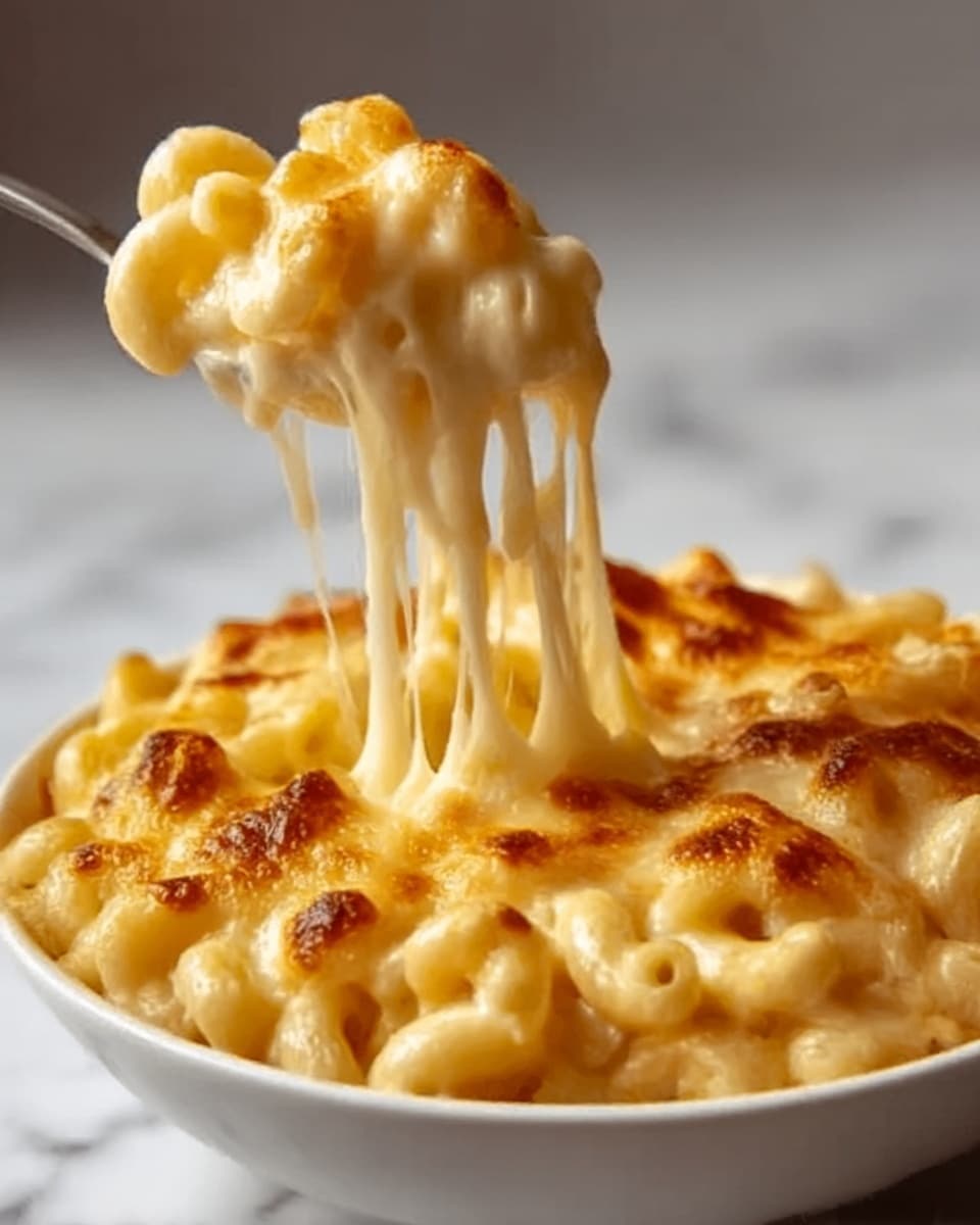The image shows a white bowl filled with macaroni and cheese. The mac and cheese has a golden brown top layer with melted, bubbly cheese that stretches in thick strings as a woman's hand lifts a spoonful out of the bowl. The macaroni underneath is creamy and coated in a smooth yellow cheese sauce. The bowl is set on a white marbled surface. photo taken with an iphone --ar 4:5 --v 7