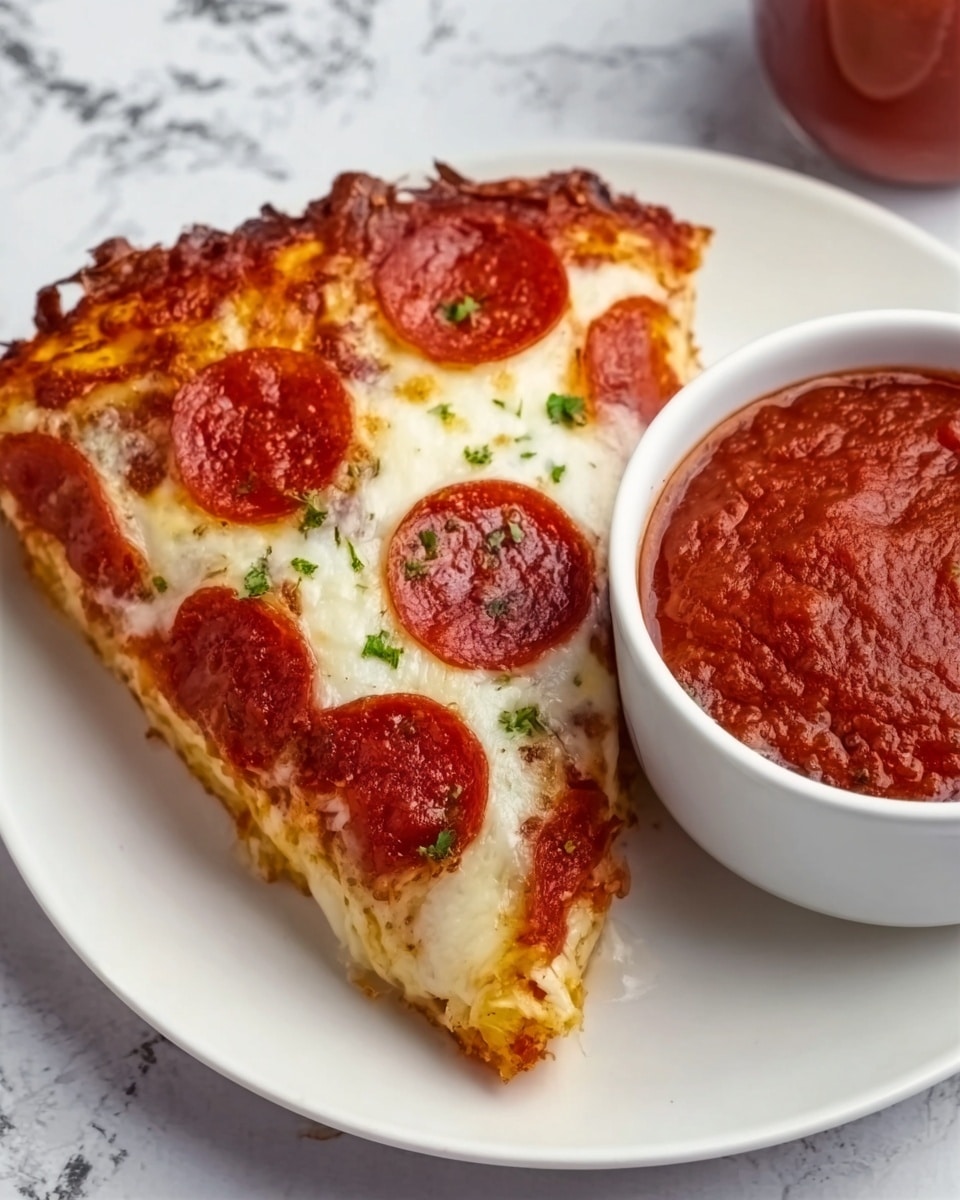 A close-up image of a slice of pepperoni pizza on a white plate, showing four visible layers: a crispy golden-brown crust base, a layer of melted white cheese with slight browning, a rich red tomato sauce layer with small chunks, and round slices of dark red pepperoni on top with some green herb sprinkles scattered over the pizza and plate. In the background, slightly out of focus, there is a white cup filled with bright red tomato sauce and blurred objects on a white marbled surface. photo taken with an iphone --ar 4:5 --v 7