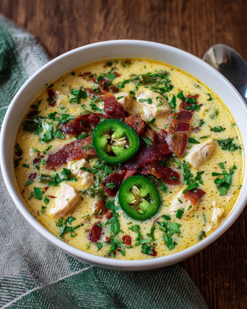 A white bowl holds creamy soup with a light yellow color as the base layer, thick and smooth in texture. On top, there are chunks of white chicken meat scattered evenly, alongside pieces of crispy dark red bacon placed mostly in the center. Bright green slices of jalapeño peppers float across the surface, adding pops of vibrant color. Fresh chopped green herbs are sprinkled all over, adding texture and hints of freshness. The bowl sits on a folded gray and green cloth on top of a wooden table. Photo taken with an iphone --ar 4:5 --v 7