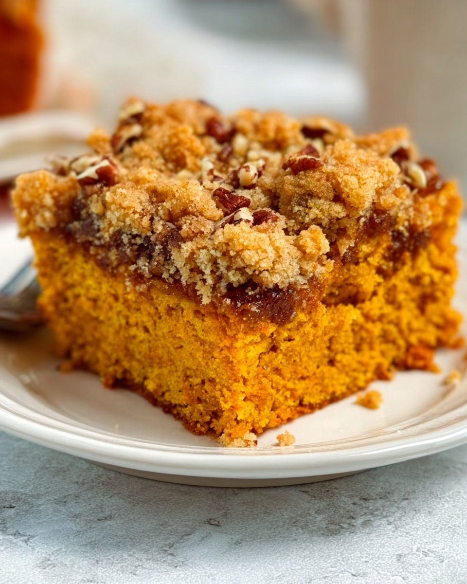 The image shows a close-up view of a single piece of crumb cake on a white plate. The cake has three visible layers: a bottom layer of dense, golden-brown cake, a middle layer of moist, bright yellow pumpkin filling, and a top crumb layer with a mix of golden and light brown crumbs with bits of pecans scattered throughout. The crumb topping looks crunchy with a mix of small and medium-sized pieces. The white plate is placed on a white marbled surface, with a blurred light yellow and orange cloth in the background. Photo taken with an iphone --ar 4:5 --v 7