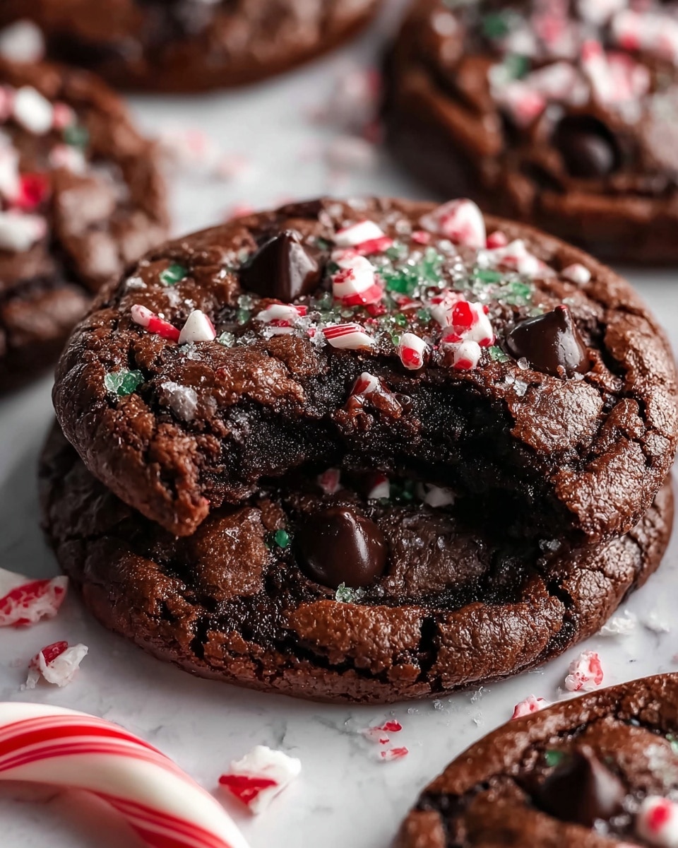 A close-up view of thick, dark brown chocolate cookies with a cracked texture on a white marbled surface. The top cookie has a bite taken out, showing a moist, fudgy inside. Each cookie is decorated with red and white crushed peppermint pieces scattered on top and a few glossy dark chocolate chips partially melted into the surface. A small striped red and white candy cane lies next to the cookies. photo taken with an iphone --ar 4:5 --v 7