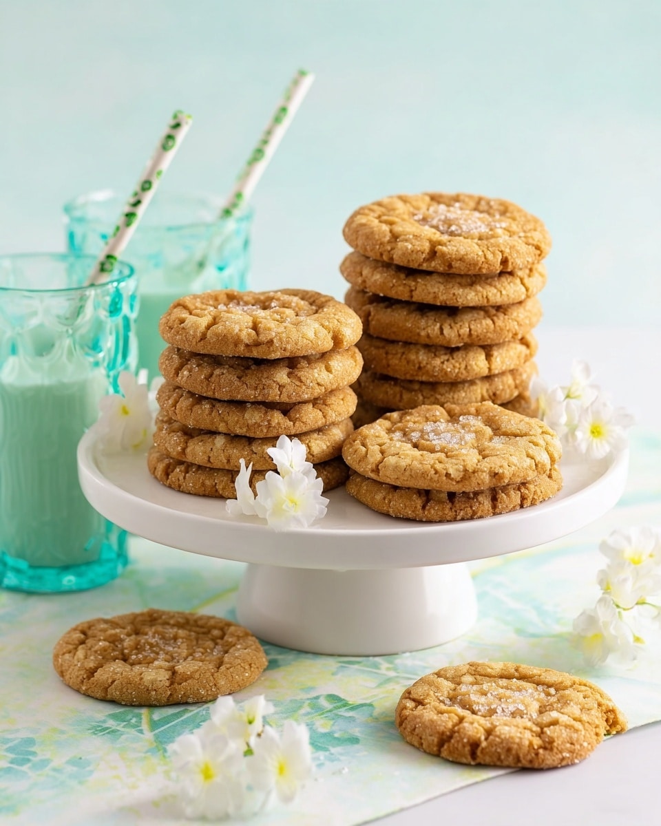 The image shows a white marbled surface with a white cake stand holding four stacks of golden brown cookies arranged in a rough circle. Each cookie has a slightly cracked, textured surface with a light sprinkle of sugar crystals on top. Three stacks each have about five cookies piled neatly, while one stack has only two cookies, and one cookie lies flat in the front. To the right side of the cake stand, there are small white flowers placed gently next to the cookies. Two clear glasses with turquoise straws featuring white polka dots are placed on the surface below, one partially visible on the left and the other on the right, with one filled with milk. The overall color scheme is soft with warm cookies, white flowers, and turquoise accents. Photo taken with an iphone --ar 4:5 --v 7