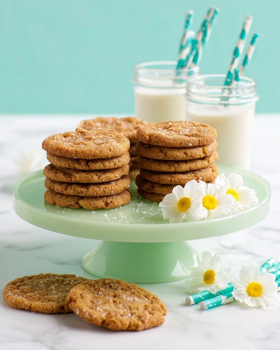 The image shows a white cake stand with a smooth, light green surface holding four stacks of brown cookies with a slightly rough texture and some sugar sprinkled on top. Three stacks have three cookies each, and one stack has four. In front of these stacks, closer to the edge of the stand, there is a single cookie lying flat. On the right side of the stand, there are three small white flowers with yellow centers. In the background, two transparent glasses filled with milk can be seen, each having two turquoise straws with white polka dots. The whole scene is set on a white marbled surface. photo taken with an iphone --ar 4:5 --v 7