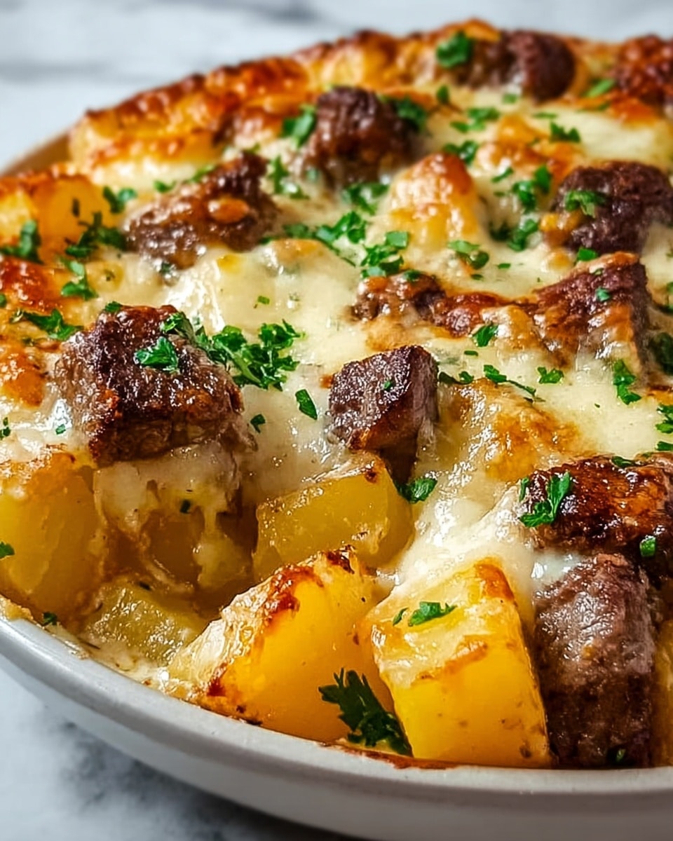 The image shows a close-up of a baked dish with three main layers. At the bottom, there are golden yellow potato chunks with a slightly crispy texture on the edges. On top of the potatoes, there are pieces of browned meat with a juicy, tender look and a rough surface. The entire dish is covered with a thick layer of melted cheese that is creamy white with small browned spots, giving a gooey and stretchy feel. There are small chopped green herbs sprinkled all over the top, adding a fresh pop of color. The dish is set on a white bowl placed on a white marbled surface. photo taken with an iphone --ar 4:5 --v 7