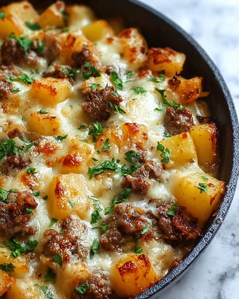 The image shows a close-up of a cheesy baked dish served in a black pan, placed on a white marbled surface. It has two main layers: the bottom layer consists of small golden-yellow potato cubes, soft and slightly browned at the edges, and the top layer is melted cheese, white with some golden brown spots, covering the potatoes and cheese. Scattered throughout the dish are small chunks of browned meat with a slightly crispy texture. Fresh green chopped herbs are sprinkled on top, adding a pop of color. Photo taken with an iphone --ar 4:5 --v 7