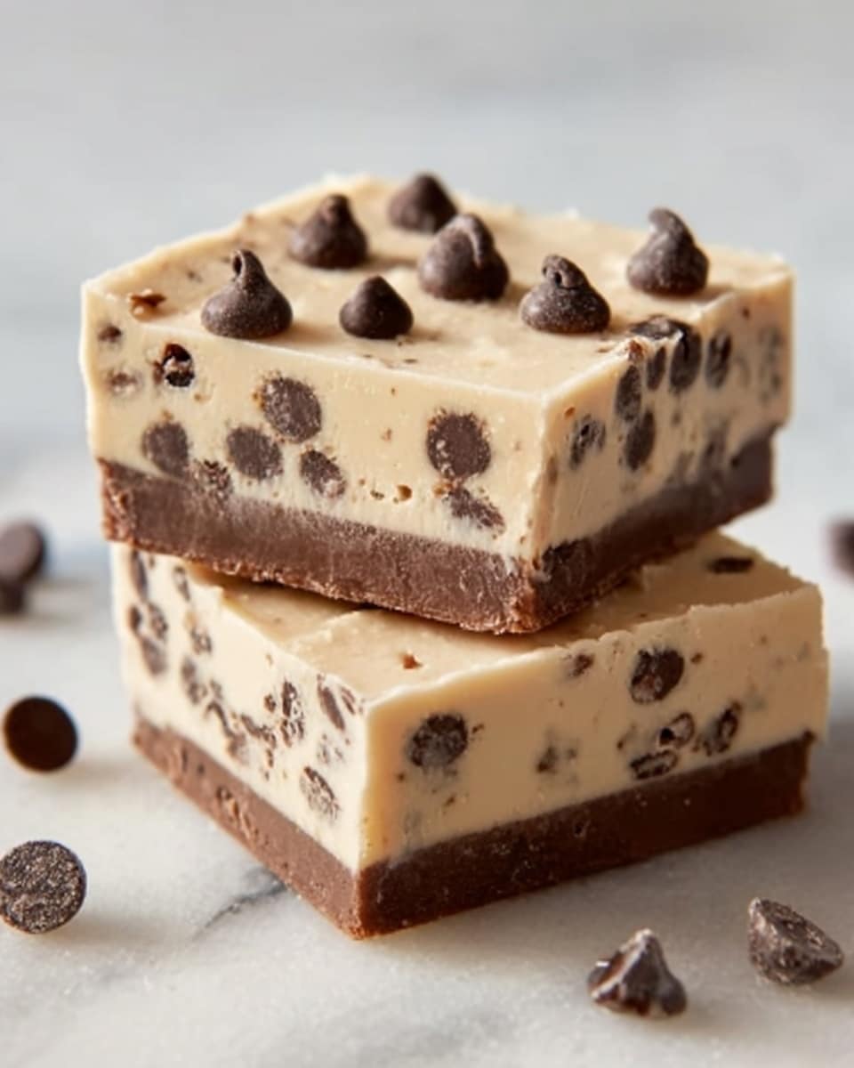 The image shows two square bars stacked on a white marbled surface. Each bar has three layers: the top and middle layers are creamy beige mixed with small chocolate chips, giving a soft and smooth texture with scattered dark spots. The bottom layer is a thinner, solid dark brown base, likely chocolate. The top layer is decorated with several whole chocolate chips spaced evenly across the surface. The bars have clean, sharp edges and look thick and dense. Photo taken with an iphone --ar 4:5 --v 7