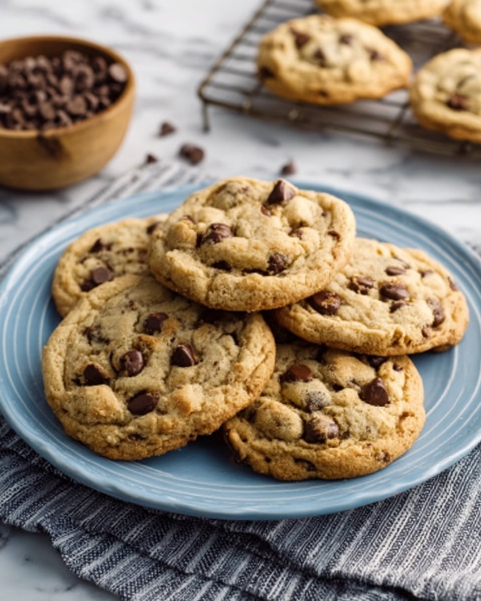 A light blue plate holds seven golden-brown chocolate chip cookies, each cookie thick with a soft texture and dotted generously with dark chocolate chips. The plate sits on a gray and white striped cloth over a white marbled surface. In the background, there is a wooden bowl filled with more chocolate chips and a metal cooling rack with more cookies. Photo taken with an iphone --ar 4:5 --v 7