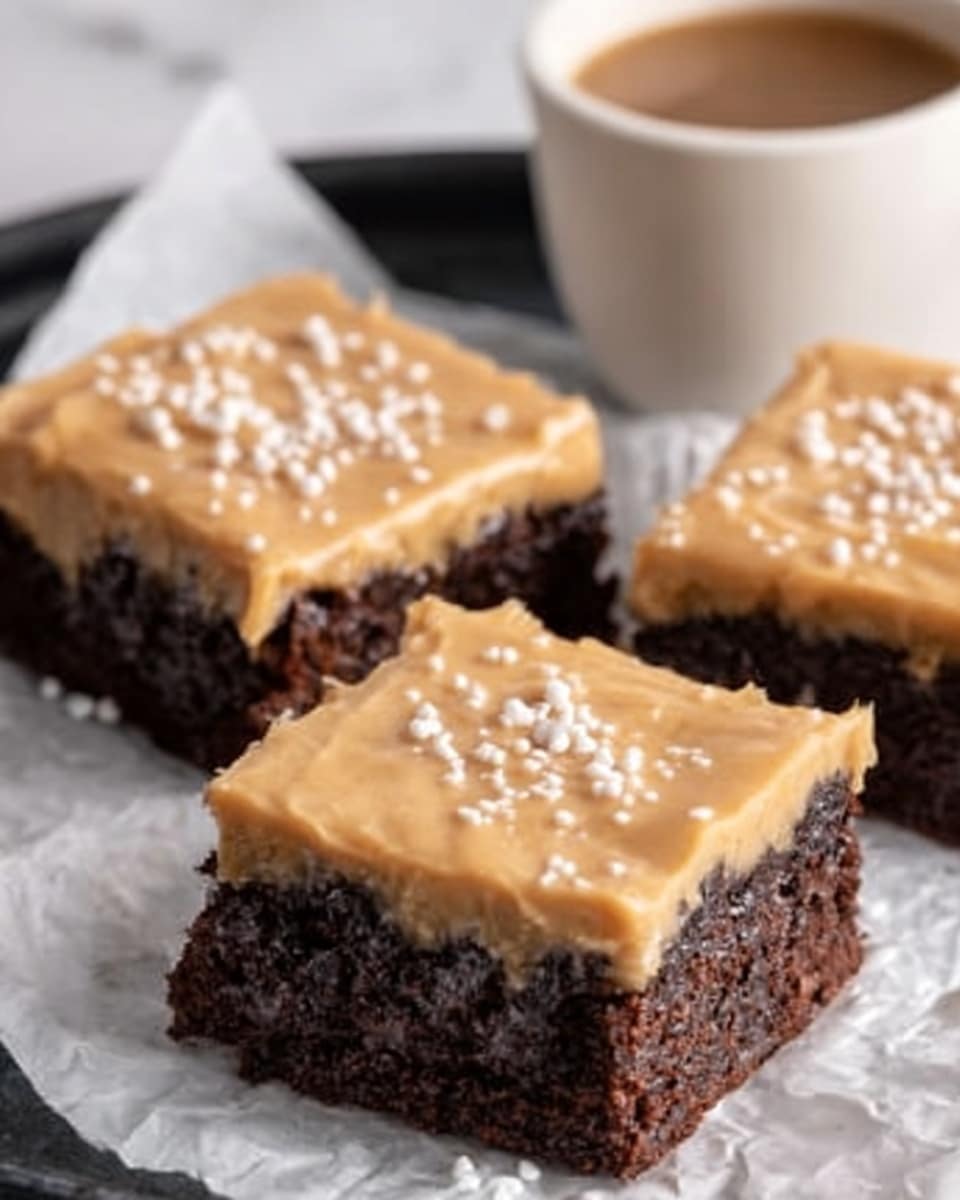 The image shows three square brownie pieces on white parchment paper, each topped with a smooth, thick layer of light brown caramel frosting sprinkled with small white round bits. The brownies have a dark, moist texture with small visible chunks. The background is a white marbled surface, with a white cup filled with coffee blurred in the back. Photo taken with an iphone --ar 4:5 --v 7