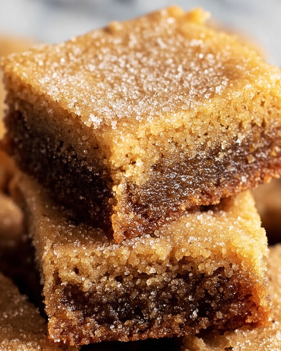 The image shows a close-up of a soft, square-shaped brown sugar blondie with a slightly crumbly texture on the top and edges. The top layer is golden brown with a fine grainy texture from sprinkled sugar, while the inside looks moist and dense with a darker brown color. The blondie sits on top of another similar piece, both resting on a white marbled surface that is softly out of focus. photo taken with an iphone --ar 4:5 --v 7