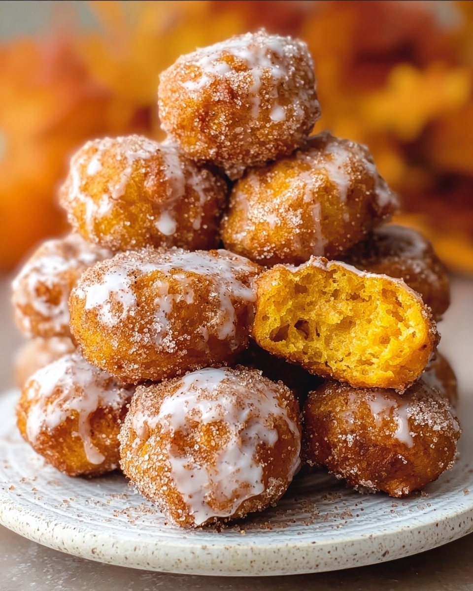 A stack of round, golden-brown fritters on a white textured plate, each fritter coated in sugar crystals with some white glaze drizzled unevenly on top. The top fritter is broken open, showing a soft, moist inside with an orange hue. The background has warm orange tones blurred out, and the plate sits on a white marbled surface. photo taken with an iphone --ar 4:5 --v 7