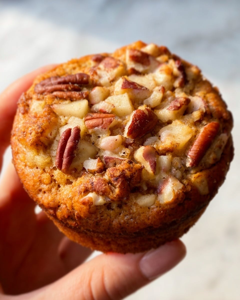 A close-up of a round muffin held by a woman's hand with a soft focus background. The muffin has a golden-brown top with visible large chunks of yellow apple pieces and whole pecans scattered evenly across the surface. The texture looks crumbly and slightly crispy on top with a moist inner part visible near the edges. The lighting highlights the warm tones and details of the baked apple and nuts. Photo taken with an iphone --ar 4:5 --v 7