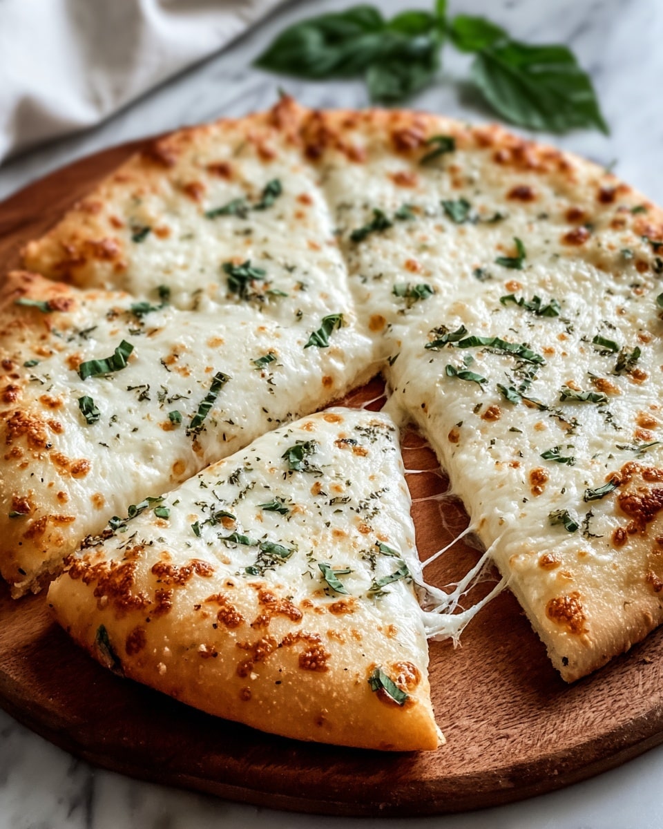 A round pizza with a light golden crust sits on a wooden board, topped with a smooth white cheese layer that has bubbly browned spots. Green herb leaves are scattered evenly over the cheese, adding a fresh color contrast. One slice is slightly pulled away from the rest, showing the soft texture of the melted cheese stretching slightly from the main pizza. In the background, a few green basil leaves lie on the white marbled surface. photo taken with an iphone --ar 4:5 --v 7