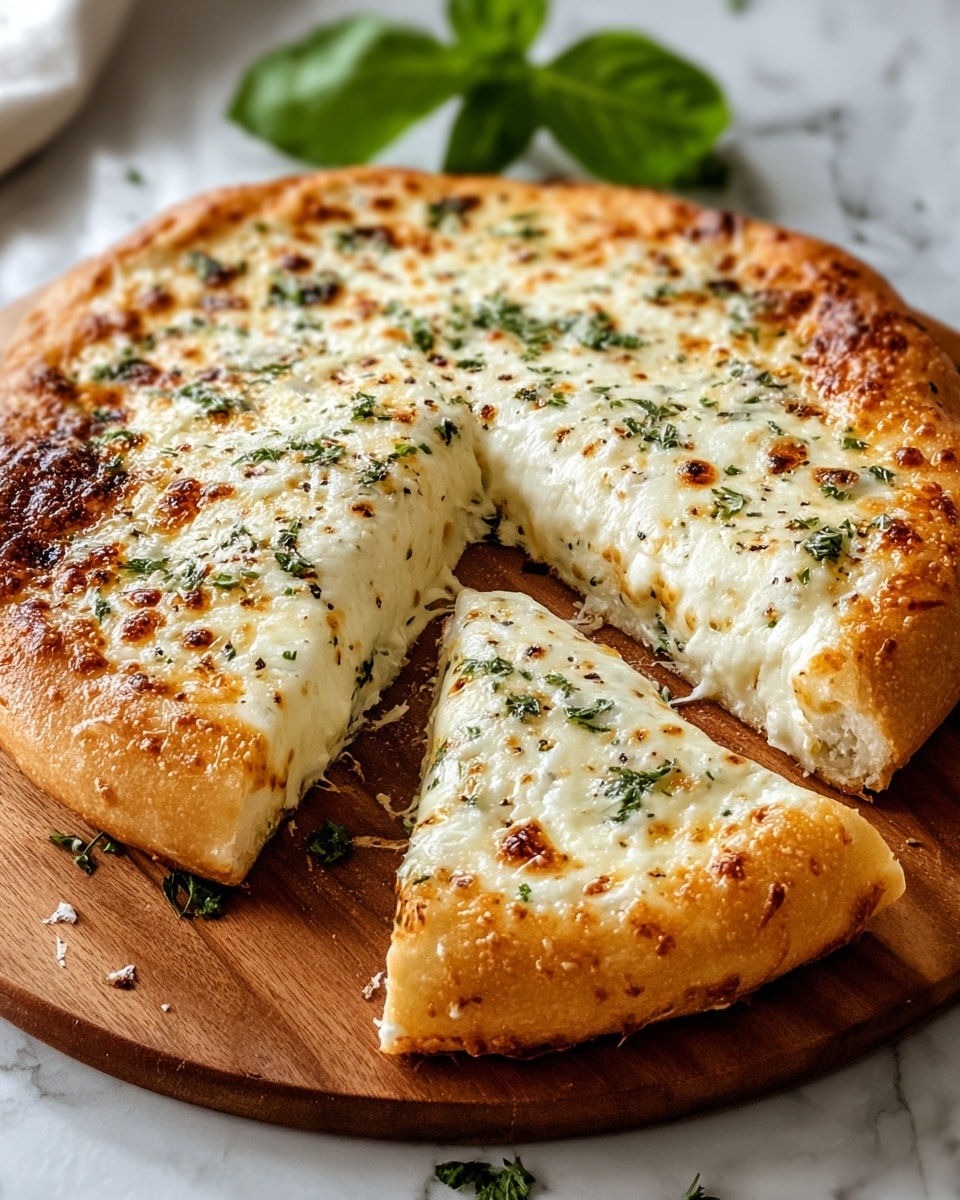 A round pizza with a thick, golden brown crust sits on a wooden board over a white marbled surface. The pizza has two main layers: a creamy white cheese layer that is melted evenly across the top with small browned spots, and a sprinkling of green herbs scattered all over. One slice is slightly pulled away from the rest, showing the same toppings with a soft, soft texture. A fresh green basil leaf lies in the background. photo taken with an iphone --ar 4:5 --v 7