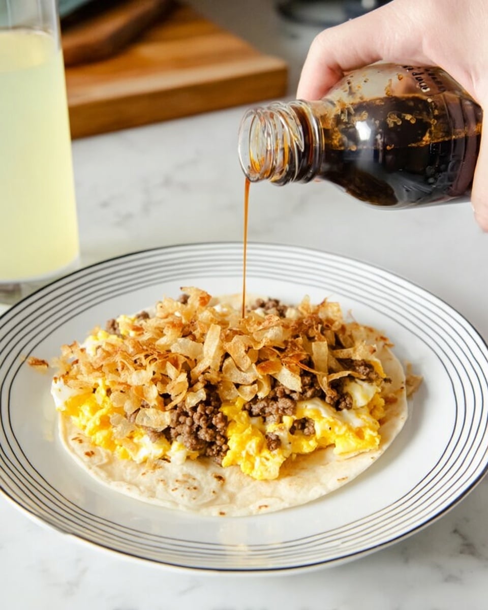 A close-up of a white plate with black markings around the edge, holding a folded tortilla with a single visible layer. On top of the tortilla is a mix of scrambled eggs, browned ground meat, and golden crispy hash browns, creating a textured, layered pile. A woman's hand is pouring a stream of amber-colored sauce from a bottle onto the eggs and hash browns. The background shows a wooden table and a glass of light yellow liquid beside the plate, with the surface changed to a white marbled texture. Photo taken with an iphone --ar 4:5 --v 7