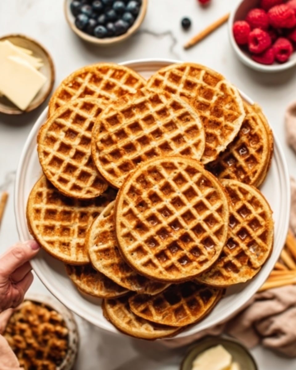 A white plate filled with a neatly stacked pile of 14 golden-brown round waffles, each showing a crisp grid pattern on top. The waffles look fluffy with slightly darker edges, arranged in overlapping layers covering the plate. Surrounding the plate are small bowls with fresh strawberries, raspberries, blueberries, slices of butter, and breakfast sausage links on a white marbled background. A woman's hand is holding part of the plate from the side. Photo taken with an iphone --ar 4:5 --v 7