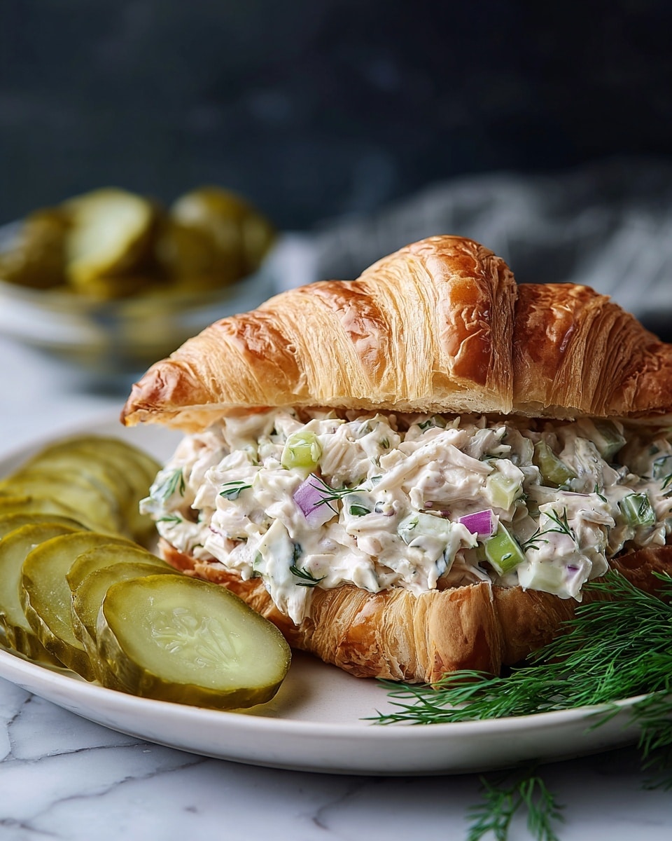 A flaky, golden-brown croissant sliced open horizontally reveals a fluffy, creamy chicken salad filling with visible chunks of white chicken, light green celery, purple onion pieces, and sprinkled fresh dill on top; next to the croissant on a white plate are thin slices of translucent green pickles, with a few sprigs of fresh green dill placed beside them, all set against a white marbled texture surface. photo taken with an iphone --ar 4:5 --v 7