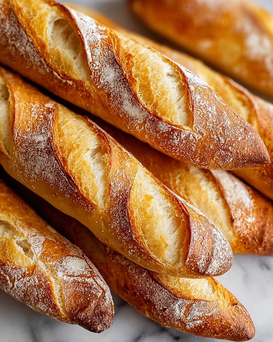 Several golden brown baguettes are stacked closely together on a white marbled surface. Each baguette has three diagonal slashes on top, showing a lighter, airy inside with a slightly shiny, crispy crust. The crust has a mix of smooth and bubbled textures with a light dusting of flour in some areas, and the ends taper off to a pointed tip. The image captures the fresh, crunchy texture and the natural color variations of the bread. Photo taken with an iphone --ar 4:5 --v 7