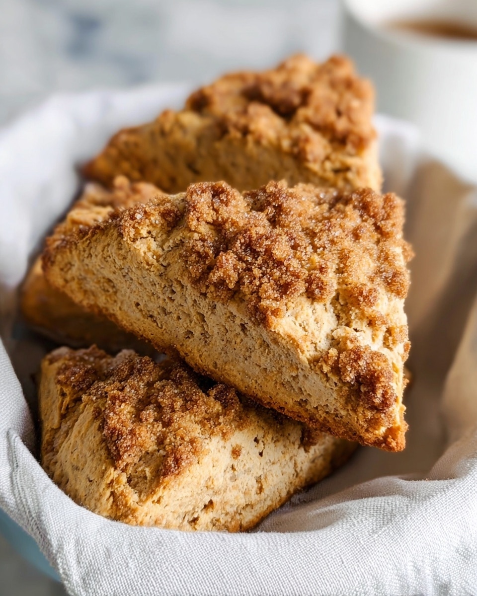 The image shows three crumbly scones resting on a white cloth inside a white bowl. Each scone has a rough texture with a golden brown crumb topping that looks crunchy. The scones are triangular in shape, and their color is a warm beige with hints of darker brown where the topping is baked to a crisp. The white bowl contrasts softly with the light brown scones and the folds of the off-white cloth beneath them add a casual, cozy feel. The background is a white marbled surface. photo taken with an iphone --ar 4:5 --v 7