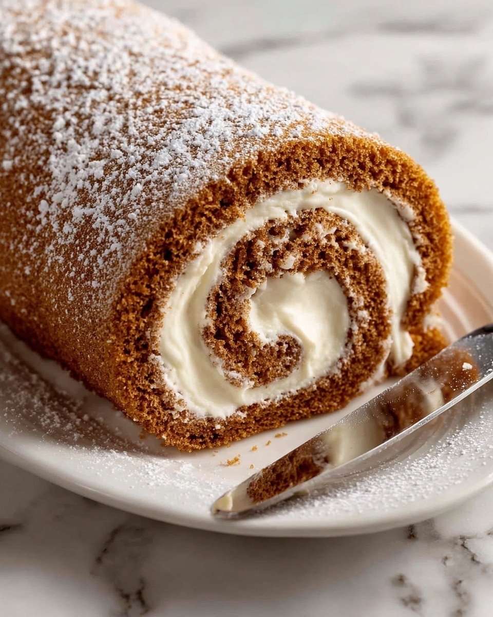 A close-up view of a sliced rolled cake on a white square plate, featuring a light brown spongy outer layer dusted with powdered sugar and a thick inner layer of creamy white filling spiraled tightly within the roll; the cake rests on a beige textured cloth over a white marbled surface, with a serrated knife partially visible behind the sliced piece. photo taken with an iphone --ar 4:5 --v 7