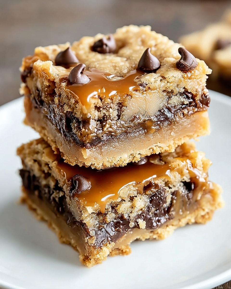 Two square cookie bars are stacked on a white plate, placed on a white marbled surface. Each bar has three visible layers: a light golden brown, crumbly cookie base that looks slightly crunchy; a thick, gooey middle layer filled with dark chocolate chips and gooey caramel that oozes slightly at the edges; and a top layer of golden-brown cookie crust with a few dark chocolate chips and shiny caramel drizzled over it, creating a sticky, glossy texture. The bars look rich and moist with a mix of soft and crunchy textures. Photo taken with an iphone --ar 4:5 --v 7