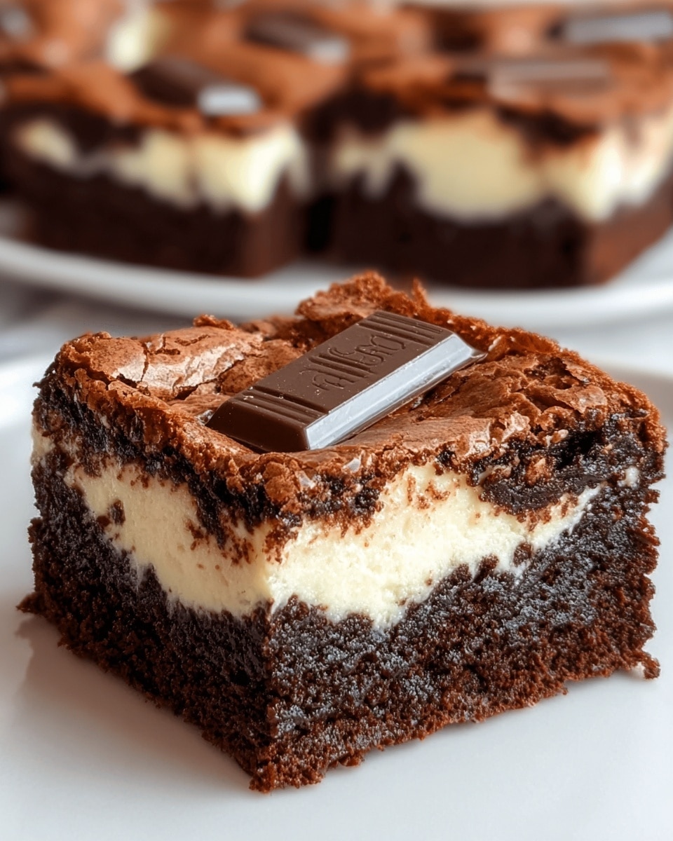 A close-up of a square chocolate brownie with three clear layers visible: the bottom layer is dense and dark brown with a slightly crumbly texture, the middle layer is creamy white and smooth, and the top layer is a cracked chocolate crust with a glossy, melted white cream around a small, dark milk chocolate bar piece embedded in the center. The brownie piece is placed on a white plate with a white marbled texture surface in the background, with more similar brownies blurred in the background. Photo taken with an iphone --ar 4:5 --v 7