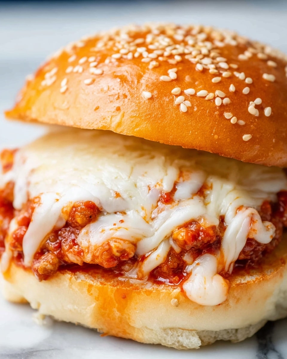 A close-up view of a sandwich with three visible layers: a top golden-brown sesame seed bun, a middle layer of melted white cheese stretching over chunky red tomato sauce mixed with small pieces of browned meat, and a bottom part of the bun with a soft light brown texture. The sandwich is set against a white marbled surface, highlighting the rich colors and textures of the sandwich. photo taken with an iphone --ar 4:5 --v 7