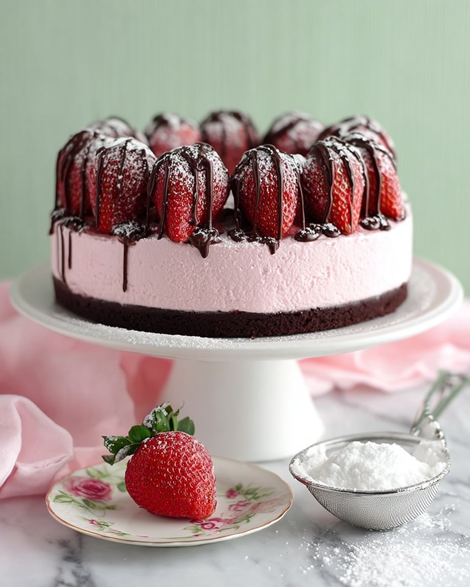 A three-layer dessert on a white stand features a bottom layer of dark chocolate crumb with a rough texture, topped by a smooth, light pink mousse layer in the middle, and a top layer of whole fresh strawberries standing upright, each drizzled with dark chocolate. A light dusting of white powdered sugar covers the strawberries. In front of the stand, there is a single large strawberry with its green leaves on a small white plate with floral decoration, next to a metal sieve filled with powdered sugar. The setting is on a white marbled surface with a folded pink napkin and a silver cake server nearby. Photo taken with an iphone --ar 4:5 --v 7