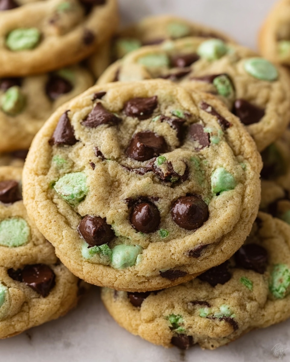 The image shows a close-up of several soft chocolate chip cookies stacked closely together, each cookie light golden brown with a slightly rough texture. The cookies have many dark brown chocolate chips and light green bits mixed evenly across the surface. The edges of the cookies are slightly darker and crisp, while the centers look chewy and thick. The cookies are resting on a white marbled surface. Photo taken with an iphone --ar 4:5 --v 7