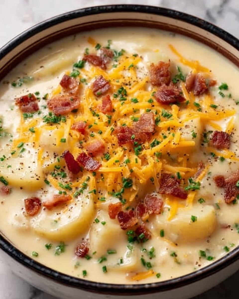 The image shows a white bowl filled with a creamy potato soup that has visible sliced potato pieces forming the base layer. On top of this creamy layer, there are small, crispy bacon bits scattered evenly, adding a reddish-brown contrast. The soup is garnished with a sprinkling of shredded yellow cheddar cheese melting slightly into the soup, and finely chopped green herbs spread across the surface, adding a fresh touch of color. The bowl is placed on a white marbled surface. Photo taken with an iphone --ar 4:5 --v 7