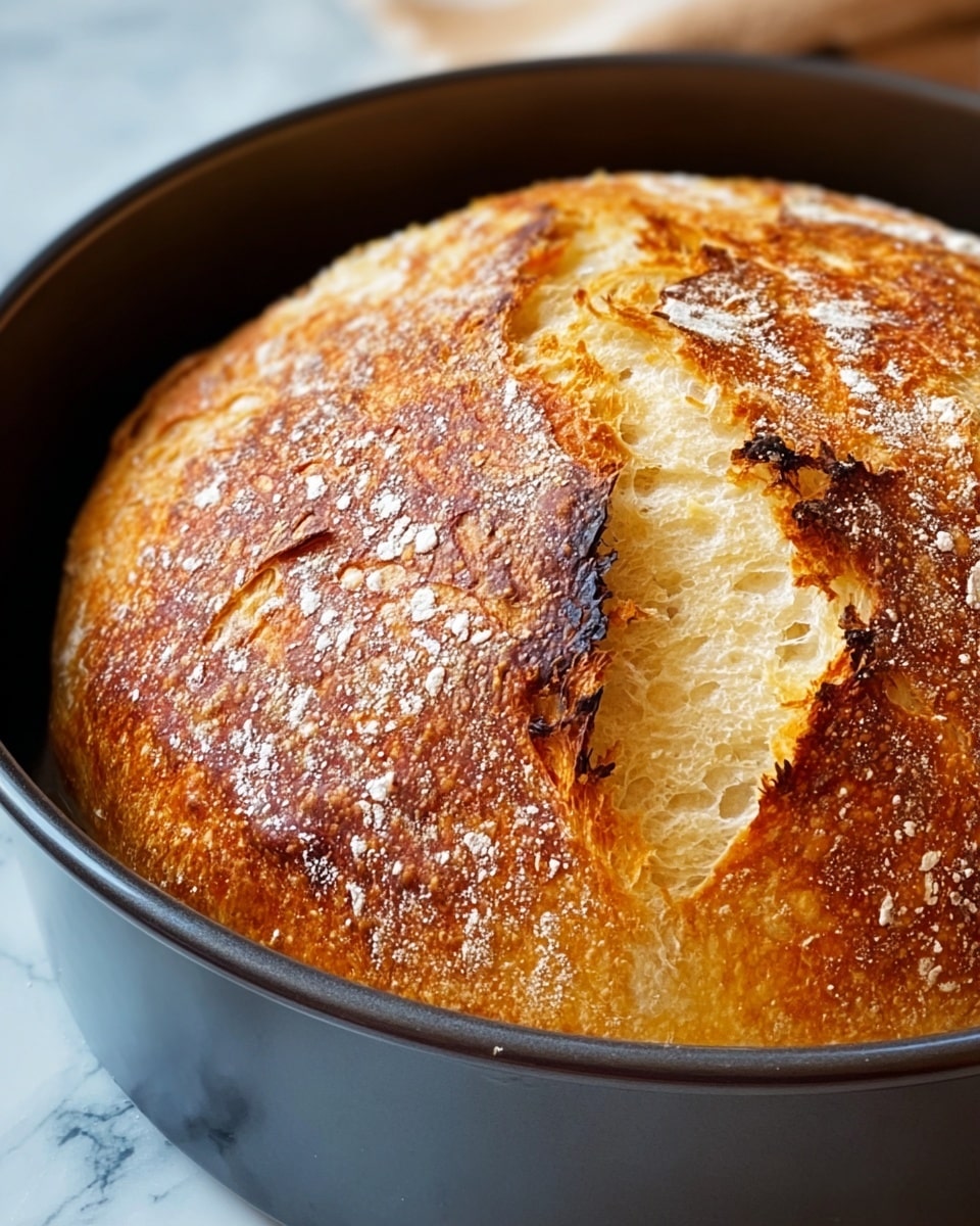 A close-up of a golden-brown sourdough bread loaf baking inside a black round pan. The top crust has a glossy, crisp texture with patches of lightly burnt edges and scattered flour dust. The bread shows deep cracks revealing a soft, airy crumb inside with a light cream color, and the surface has a slightly blistered pattern. The pan is set on a white marbled texture. photo taken with an iphone --ar 4:5 --v 7