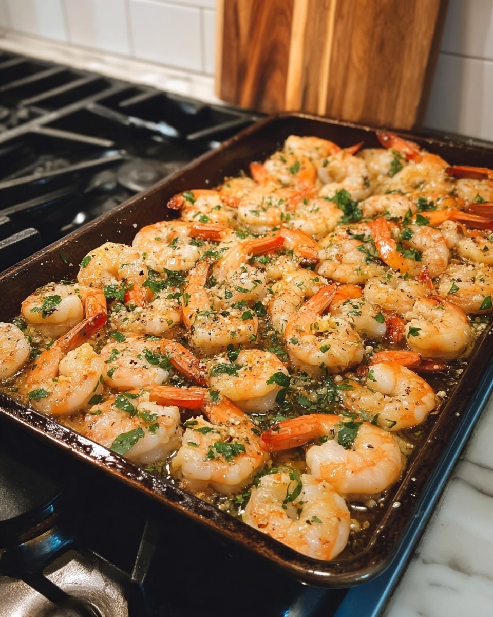 A rectangular baking tray filled with cooked shrimp piled close together, each shrimp showing a mix of pale pink and light orange colors with a slight shine from oil or butter. The shrimp are sprinkled evenly with small green parsley leaves and tiny black specks of ground pepper. There is a layer of finely grated light yellow cheese or garlic spread throughout, adding texture and contrast. The tray rests on a stovetop with a white marbled surface partially visible around it. Photo taken with an iphone --ar 4:5 --v 7