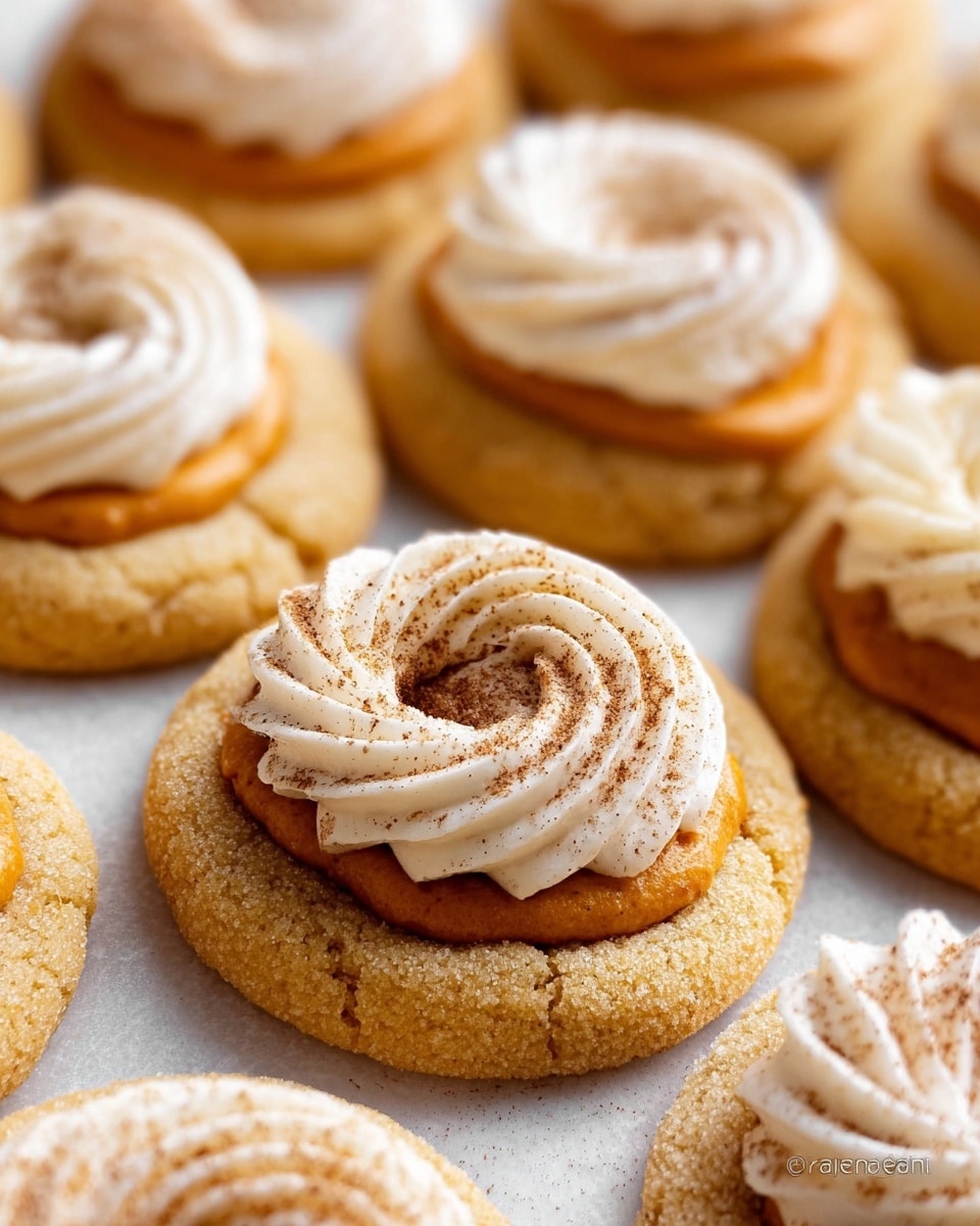 The image shows soft, round cookies with light golden-brown edges placed on a white marbled surface. Each cookie has two layers: a slightly sunken center filled with smooth, orange pumpkin filling, and on some cookies, a swirled dollop of white cream with a delicate dusting of brown spice on top. The cookies have a soft and cakey texture that contrasts with the creamy and smooth pumpkin and cream layers, arranged closely together in a neat pattern. Photo taken with an iphone --ar 4:5 --v 7
