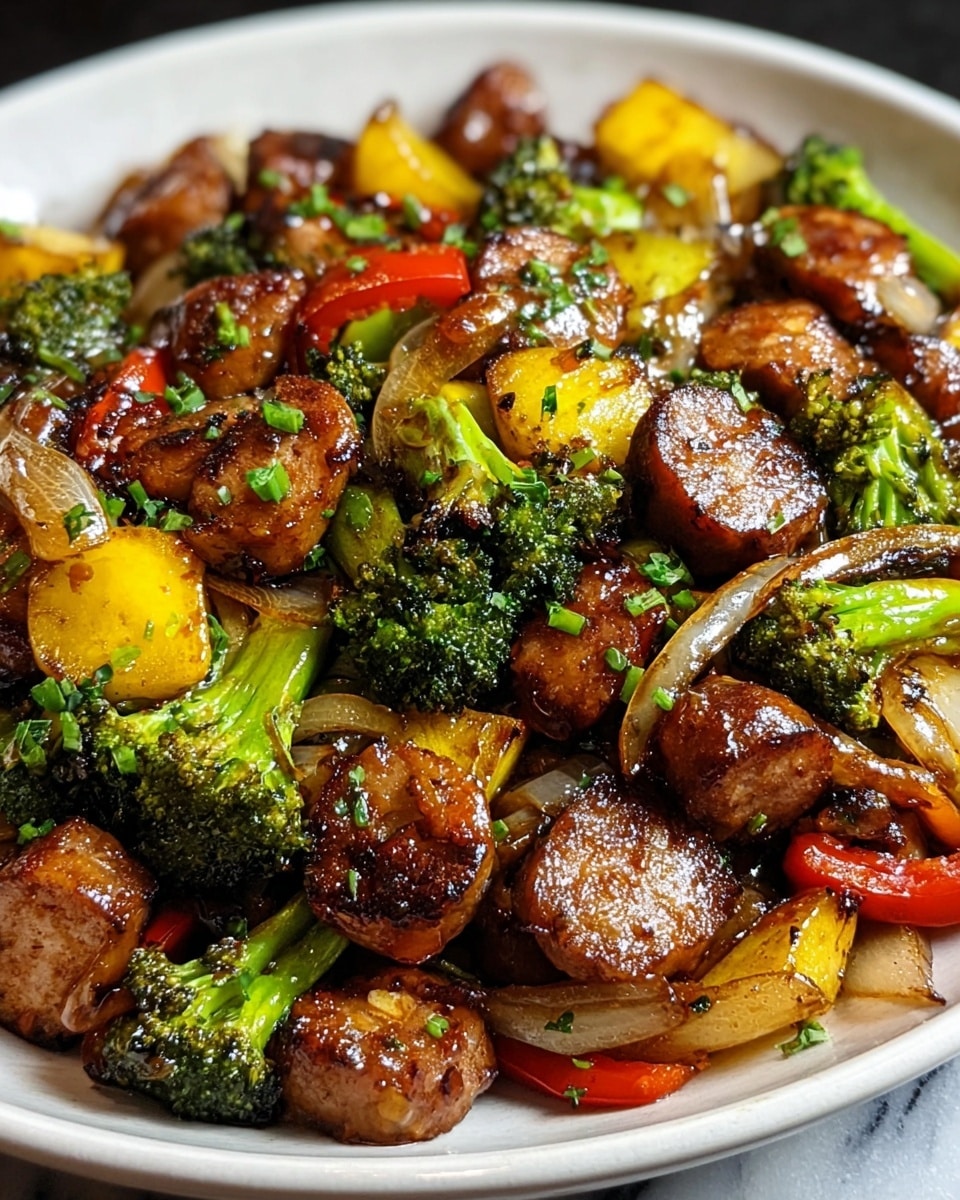 A close-up of a stir-fry dish served in a white plate, showing three main layers: glossy browned pieces of sausage cut into small thick rounds and irregular chunks at the center, scattered among them bright green broccoli florets with a bumpy texture, and roughly cut pieces of sautéed vegetables including yellow squash with slightly crisp edges, red bell pepper strips, and translucent white onion slices. The dish looks shiny and well-cooked with a mix of soft and tender textures, topped with small green herb pieces, all resting on a white marbled surface. Photo taken with an iphone --ar 4:5 --v 7