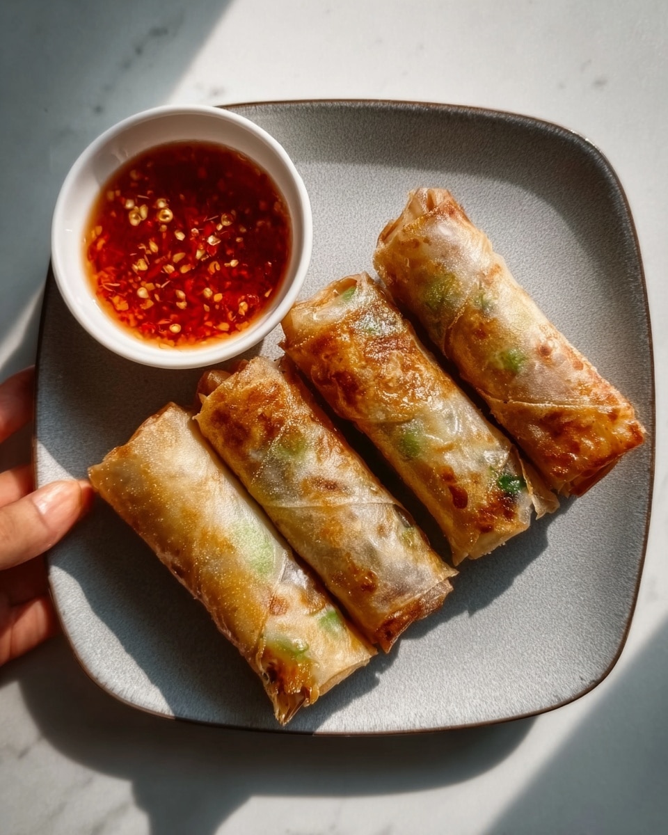 The image shows five golden-brown spring rolls with crispy, slightly oily texture arranged in two rows on a white square plate with rounded edges. In the top left corner of the plate, there is a small white round bowl filled with dark red dipping sauce sprinkled with crushed red chili and seeds. The spring rolls have a flaky, crunchy surface with bits of green herbs visible inside. The white marbled surface shines softly underneath the plate. Photo taken with an iphone --ar 4:5 --v 7