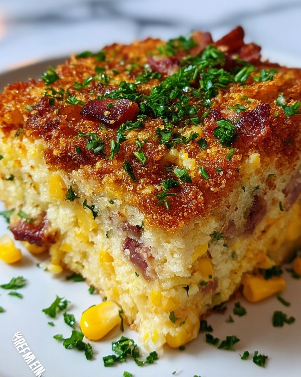 A close-up view of a thick slice of baked corn casserole placed on a white plate. The dish has three visible layers: a bottom layer that looks soft and slightly mushy with pieces of yellow corn and bits of cooked bacon embedded within, a middle layer that is creamy and dense with more corn kernels, and a top layer that is golden brown and crispy with crumbly texture. Bright green chopped herbs are sprinkled generously on top and scattered around the plate. The background is a white marbled surface. photo taken with an iphone --ar 4:5 --v 7